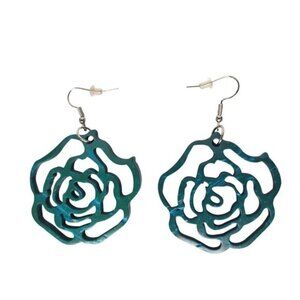 Blue Rose Cutout Dangle Earrings Floral Costume Jewelry